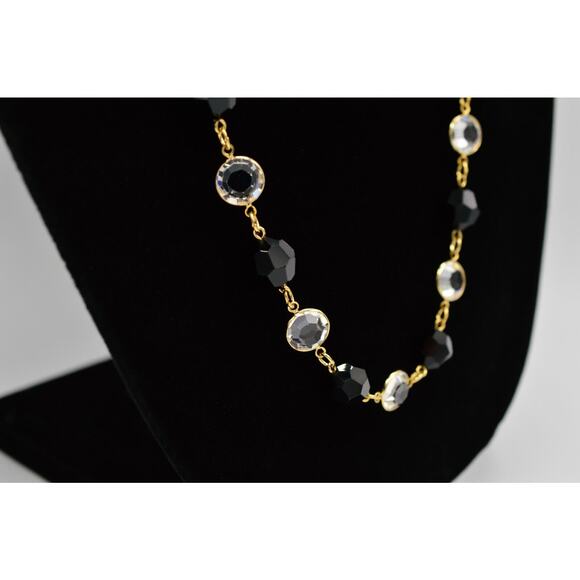 Austrian Crystal USA Vintage Necklace Open Bezel Clear Black Gold Signed 80s 9J - Picture 12 of 12